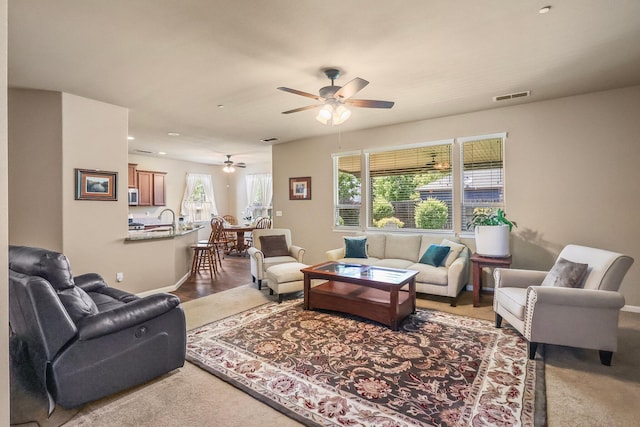 3526 Humbug Dr, Anderson, CA 96007 - carpeted living room with a ceiling fan and recessed lighting
