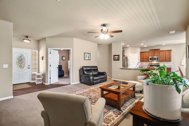 3526 Humbug Dr, Anderson, CA 96007 - living area with carpet, a ceiling fan, and recessed lighting