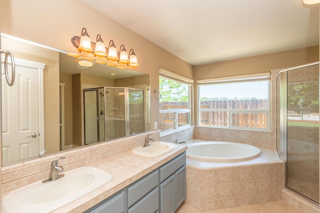 2926 Chaucer Way, Shasta Lake, CA 96019 - full bath with a stall shower, a garden tub, double vanity, and tile patterned floors