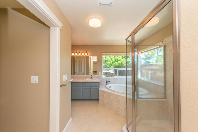 2926 Chaucer Way, Shasta Lake, CA 96019 - full bathroom featuring vanity, a bath, tile patterned flooring, and a stall shower