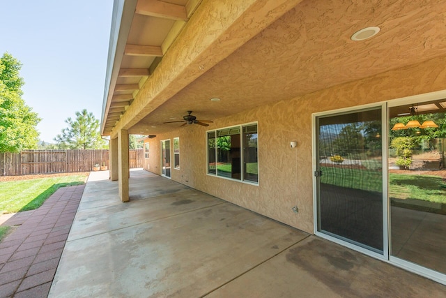 2926 Chaucer Way, Shasta Lake, CA 96019 - fenced backyard featuring a patio and ceiling fan
