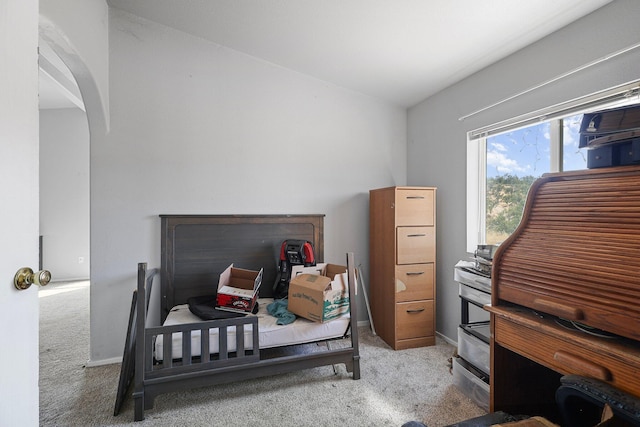 3287 Yolla Bolly Rd, Igo, CA 96047 - bedroom featuring carpet, lofted ceiling, and arched walkways