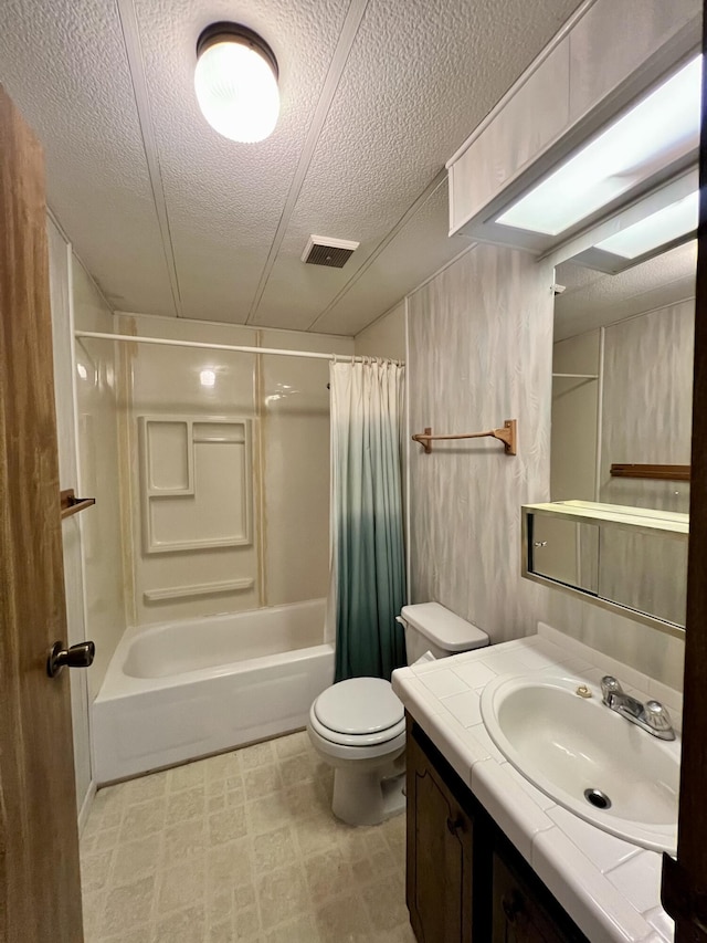 4784 White River Dr, Redding, CA 96003 - bathroom featuring vanity, a textured ceiling, shower / bath combination with curtain, and tile patterned floors