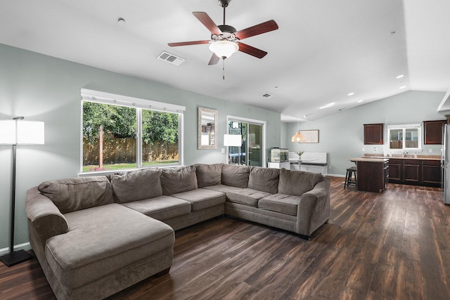 3525 Humbug Dr, Anderson, CA 96007 - living room featuring lofted ceiling, dark wood-style floors, ceiling fan, and recessed lighting
