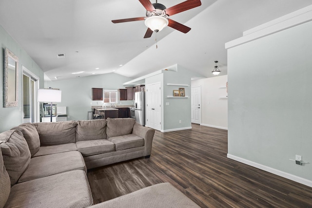 3525 Humbug Dr, Anderson, CA 96007 - living area with lofted ceiling, dark wood finished floors, and a ceiling fan
