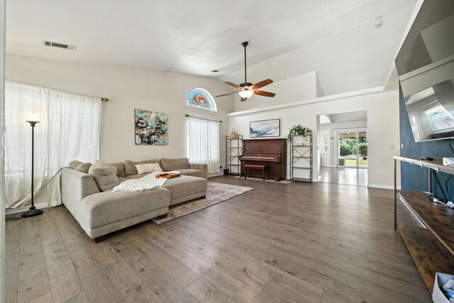 3385 Pioneer Ln, Redding, CA 96001 - living area with ceiling fan, hardwood / wood-style floors, and vaulted ceiling