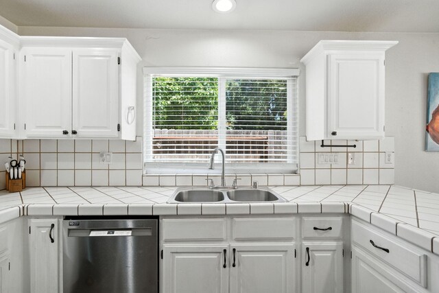 3385 Pioneer Ln, Redding, CA 96001 - kitchen featuring stainless steel dishwasher, white cabinets, backsplash, and recessed lighting