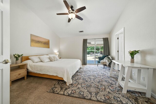 3385 Pioneer Ln, Redding, CA 96001 - bedroom featuring vaulted ceiling, carpet flooring, access to exterior, and a ceiling fan