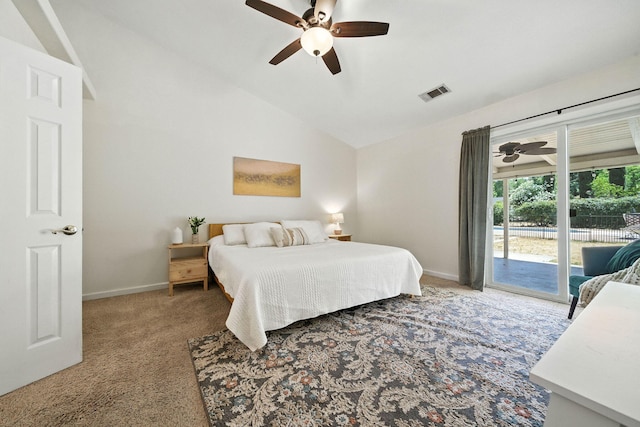 3385 Pioneer Ln, Redding, CA 96001 - carpeted bedroom featuring vaulted ceiling, access to outside, and ceiling fan
