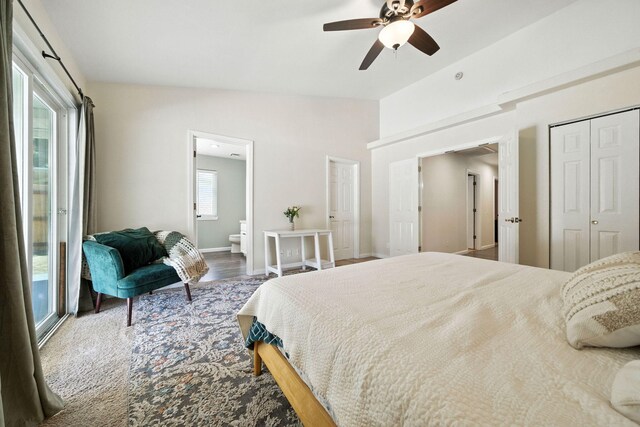 3385 Pioneer Ln, Redding, CA 96001 - bedroom featuring vaulted ceiling, ensuite bathroom, ceiling fan, and a closet
