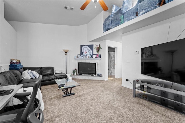 726 Stonebriar Trl, Redding, CA 96003 - carpeted living room featuring ceiling fan and a high ceiling