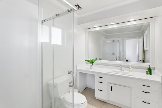 4135 Oro St, Redding, CA 96001 - bathroom with a stall shower, tile patterned floors, vanity, and crown molding