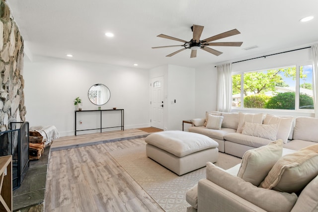 4135 Oro St, Redding, CA 96001 - living room featuring ceiling fan, recessed lighting, and wood finished floors