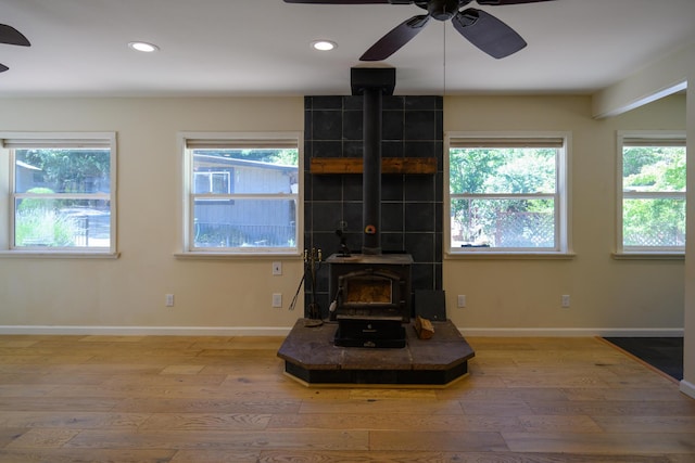 290 Mountain View Dr, Lewiston, CA 96052 - living room with a wood stove, a ceiling fan, healthy amount of natural light, wood finished floors, and recessed lighting