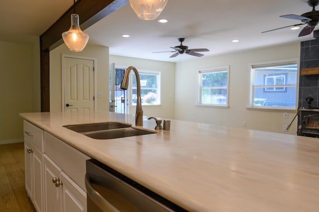 290 Mountain View Dr, Lewiston, CA 96052 - kitchen featuring ceiling fan, recessed lighting, light wood-type flooring, hanging light fixtures, and light countertops
