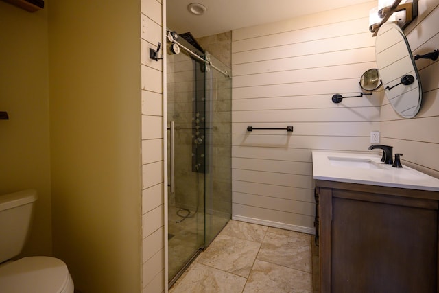 290 Mountain View Dr, Lewiston, CA 96052 - bathroom featuring vanity, a stall shower, and wooden walls