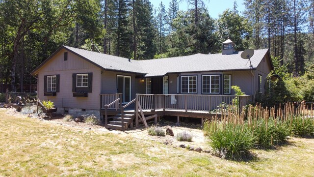 290 Mountain View Dr, Lewiston, CA 96052 - ranch-style house with crawl space, a deck, a shingled roof, and a chimney