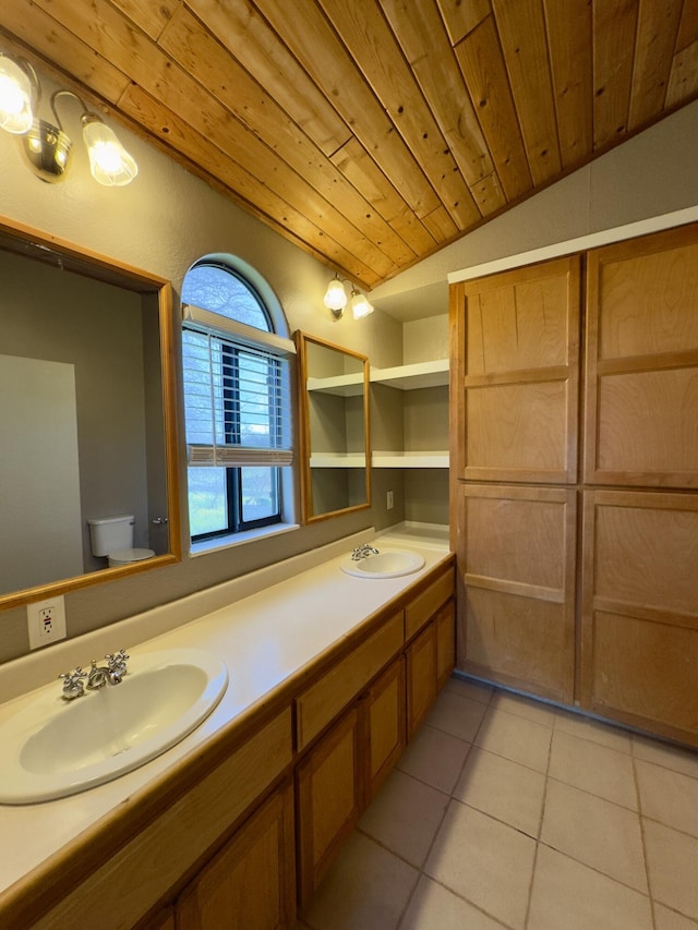 1020 Gibralter Rd, Redding, CA 96003 - full bathroom with wooden ceiling, tile patterned floors, double vanity, and vaulted ceiling