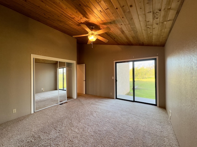 1020 Gibralter Rd, Redding, CA 96003 - unfurnished bedroom with carpet floors, access to outside, wooden ceiling, vaulted ceiling, and ceiling fan