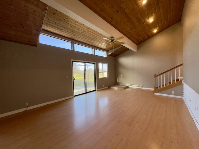 1020 Gibralter Rd, Redding, CA 96003 - unfurnished living room with wood ceiling, a baseboard radiator, wood finished floors, ceiling fan, and high vaulted ceiling