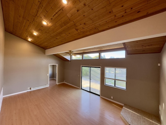 1020 Gibralter Rd, Redding, CA 96003 - unfurnished room with wooden ceiling, vaulted ceiling, light wood-type flooring, baseboard heating, and a ceiling fan