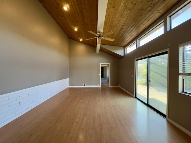 1020 Gibralter Rd, Redding, CA 96003 - unfurnished room featuring wood ceiling, wood finished floors, high vaulted ceiling, a ceiling fan, and baseboard heating