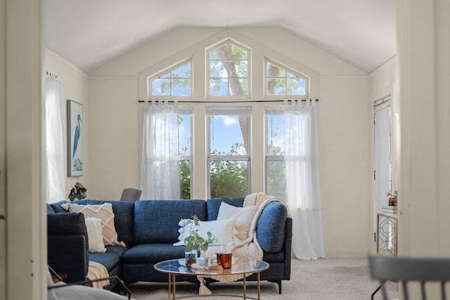 21552157 Butte St, Redding, CA 96003 - living room featuring vaulted ceiling and carpet flooring