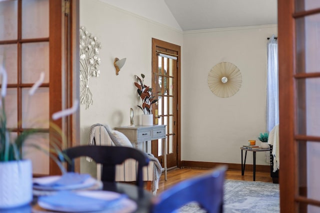 21552157 Butte St, Redding, CA 96003 - living area with lofted ceiling, wood finished floors, and crown molding