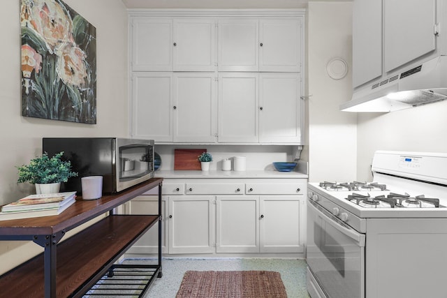 21552157 Butte St, Redding, CA 96003 - kitchen with gas range gas stove, under cabinet range hood, stainless steel microwave, white cabinets, and light countertops