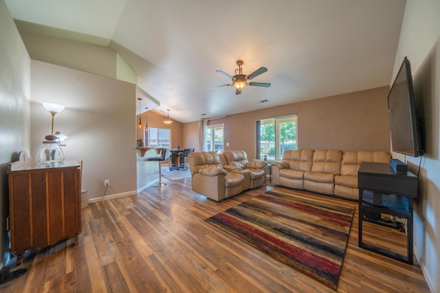 3388 Oak St, Anderson, CA 96007 - living room featuring wood finished floors, a ceiling fan, and vaulted ceiling