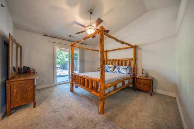 3388 Oak St, Anderson, CA 96007 - bedroom featuring access to outside, lofted ceiling, carpet, and ceiling fan