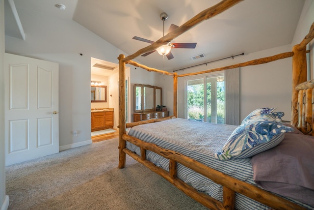 3388 Oak St, Anderson, CA 96007 - carpeted bedroom with lofted ceiling, ensuite bath, and ceiling fan
