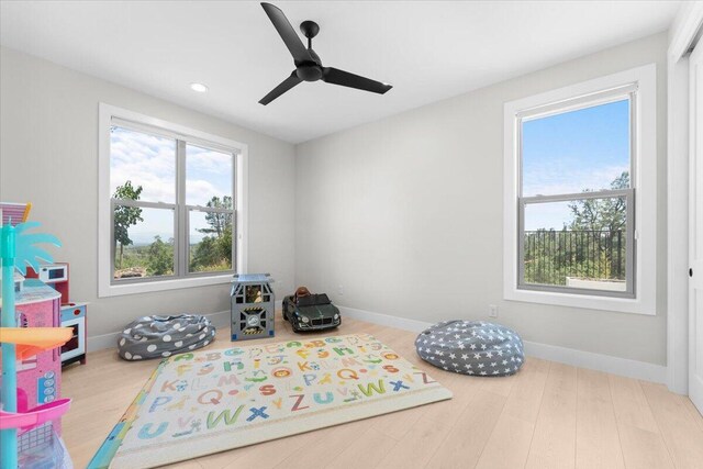 16520 Blarney Ln, Redding, CA 96001 - game room featuring a ceiling fan, wood finished floors, and recessed lighting