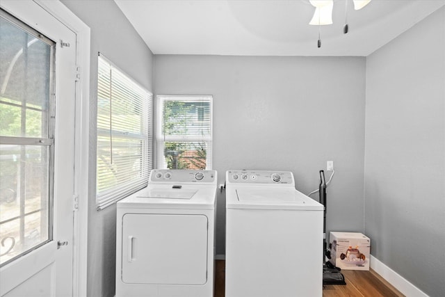 678 W St, Redding, CA 96001 - washroom with separate washer and dryer, wood finished floors, and ceiling fan