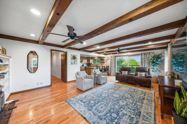 19396 Natalie Way, Redding, CA 96003 - living room featuring ceiling fan, beam ceiling, recessed lighting, and light wood-type flooring