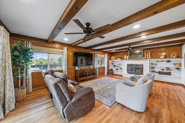 19396 Natalie Way, Redding, CA 96003 - living area featuring ceiling fan, a brick fireplace, light wood finished floors, beamed ceiling, and recessed lighting