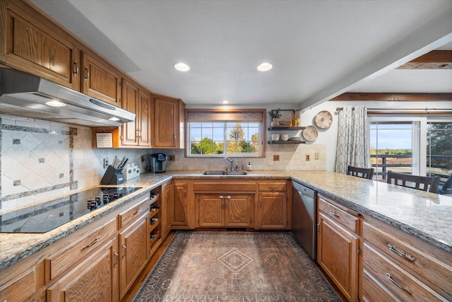 19396 Natalie Way, Redding, CA 96003 - kitchen with stainless steel dishwasher, black electric stovetop, brown cabinets, under cabinet range hood, and decorative backsplash