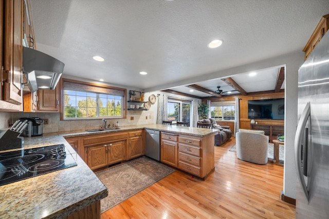 19396 Natalie Way, Redding, CA 96003 - kitchen featuring stainless steel appliances, ventilation hood, a peninsula, light wood finished floors, and open floor plan