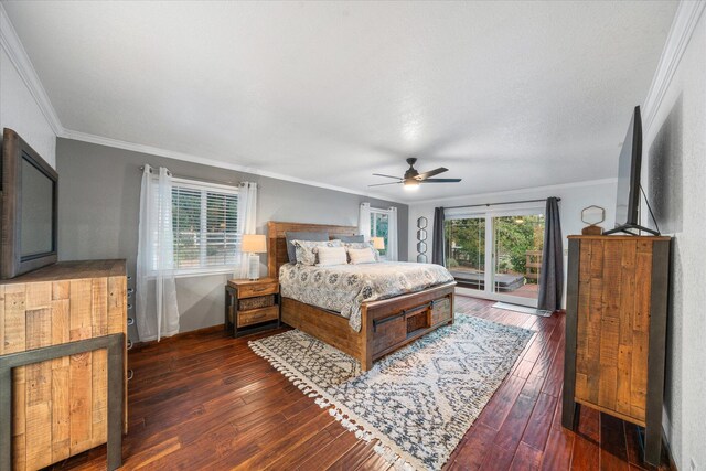 19396 Natalie Way, Redding, CA 96003 - bedroom featuring crown molding, multiple windows, dark wood-type flooring, access to outside, and a ceiling fan