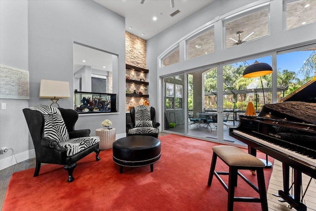 19580 Mockingbird Ln, Redding, CA 96002 - living area with a high ceiling, recessed lighting, and ceiling fan