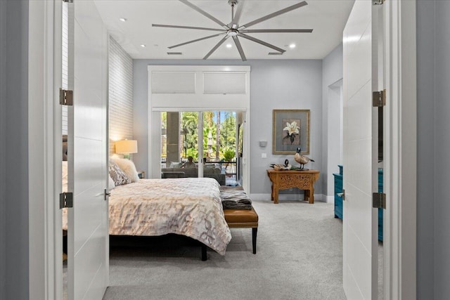 19580 Mockingbird Ln, Redding, CA 96002 - bedroom featuring carpet, access to exterior, recessed lighting, and a ceiling fan