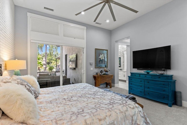 19580 Mockingbird Ln, Redding, CA 96002 - bedroom with carpet, access to outside, ensuite bath, recessed lighting, and a ceiling fan