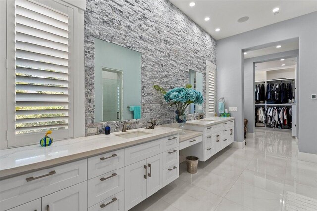 19580 Mockingbird Ln, Redding, CA 96002 - bathroom featuring vanity, recessed lighting, a spacious closet, and a stall shower