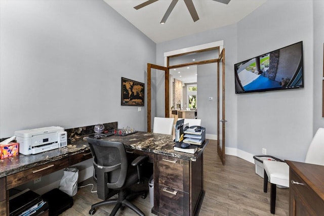 19580 Mockingbird Ln, Redding, CA 96002 - office area featuring a ceiling fan and light wood-style flooring