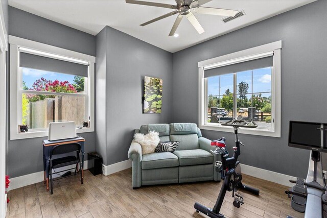 19580 Mockingbird Ln, Redding, CA 96002 - workout area with a ceiling fan and wood finished floors