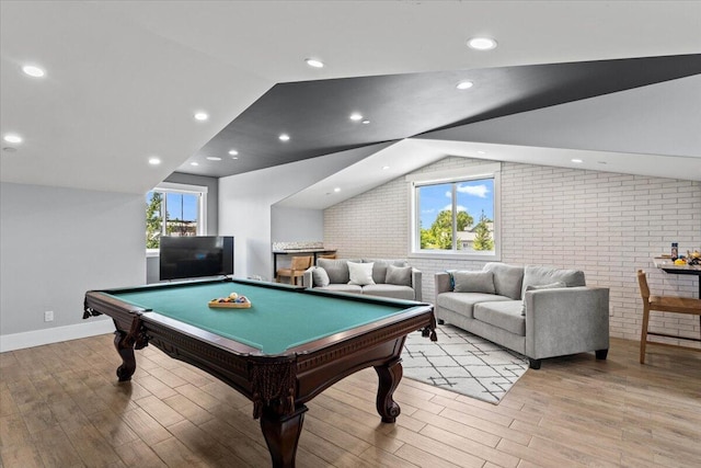19580 Mockingbird Ln, Redding, CA 96002 - rec room with lofted ceiling, brick wall, light wood-type flooring, and billiards