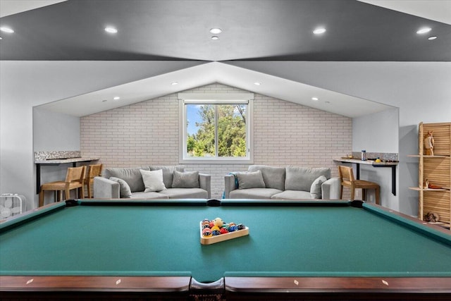 19580 Mockingbird Ln, Redding, CA 96002 - recreation room featuring billiards table, brick wall, lofted ceiling, and recessed lighting