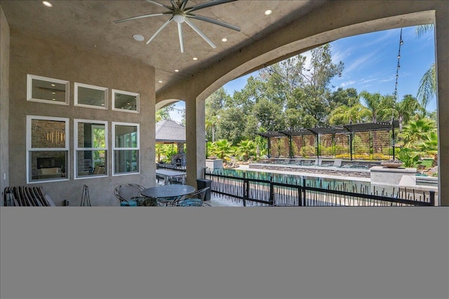 19580 Mockingbird Ln, Redding, CA 96002 - view of patio featuring a ceiling fan, a pergola, and an outdoor pool