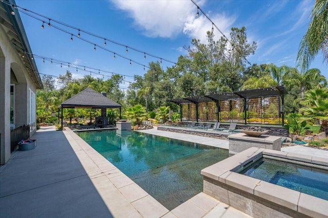 19580 Mockingbird Ln, Redding, CA 96002 - outdoor pool featuring a gazebo, an in-ground hot tub, a pergola, and a patio