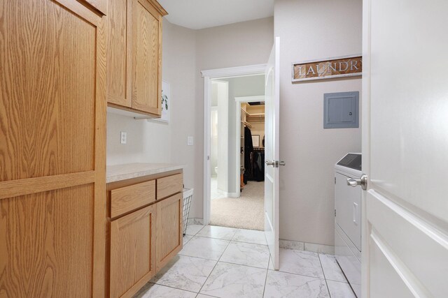 3010 Mateo Ct, Anderson, CA 96007 - kitchen featuring light marble finish flooring, light brown cabinetry, electric panel, and light countertops